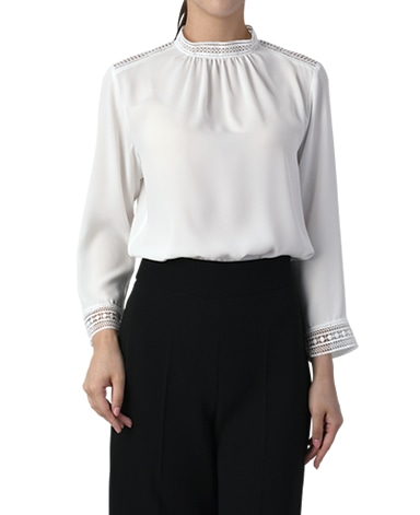 スタンドカラーブラウス/バックサテンジョーゼット・レース