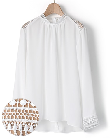 スタンドカラーブラウス/バックサテンジョーゼット・レース