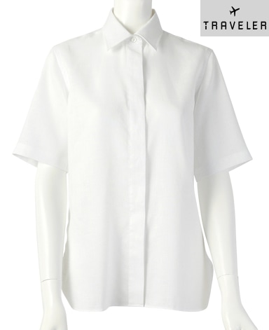 リネン半袖比翼シャツ/平織り